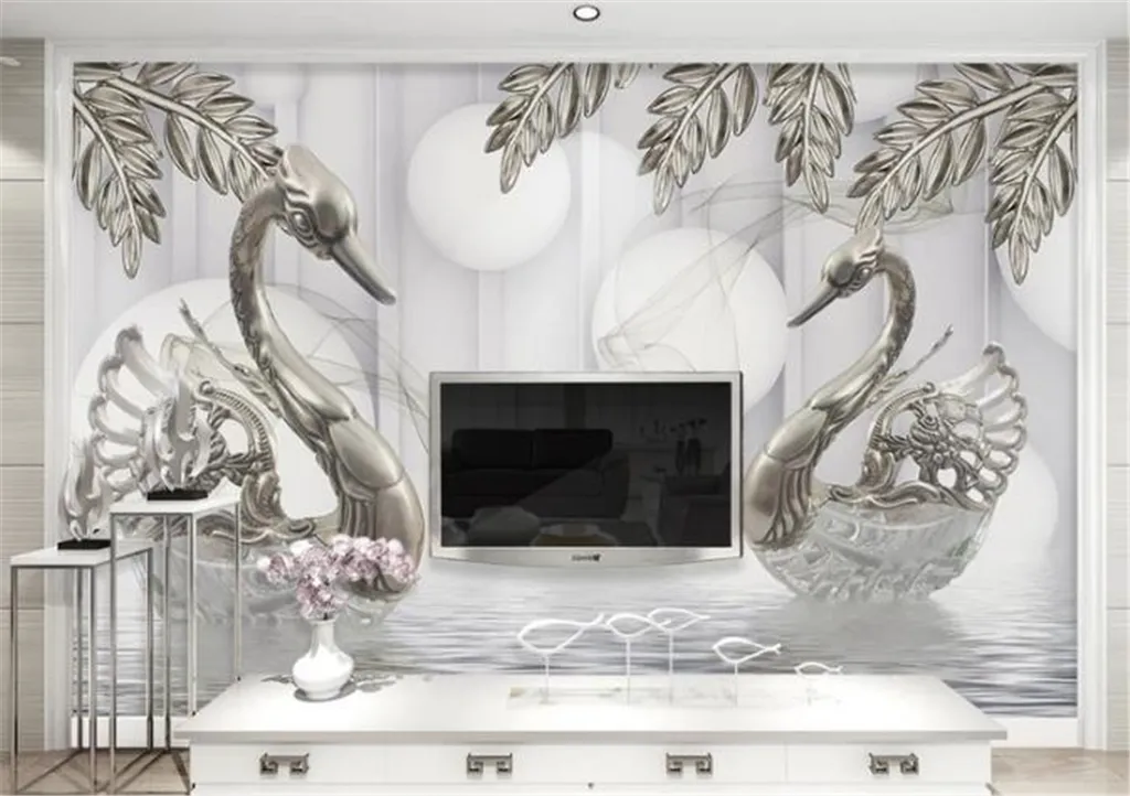 Discount For Cheap Wallpaper Luxury Silver Jewelry Leaf Crystal Swan 3d TV Background Wall Decoration Wallpaper 3d Paper Wall