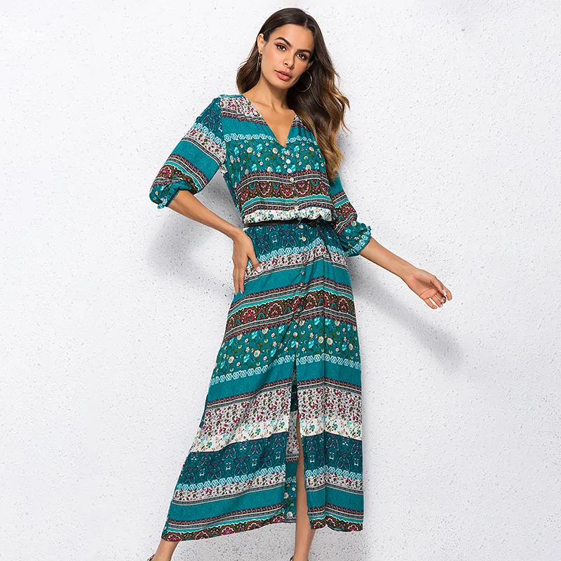 2019 yeni bohemian baskı uzun dress kadınlar maxi uzun dress çiçek baskı retro hippi vestidos chic marka giyim boho dress