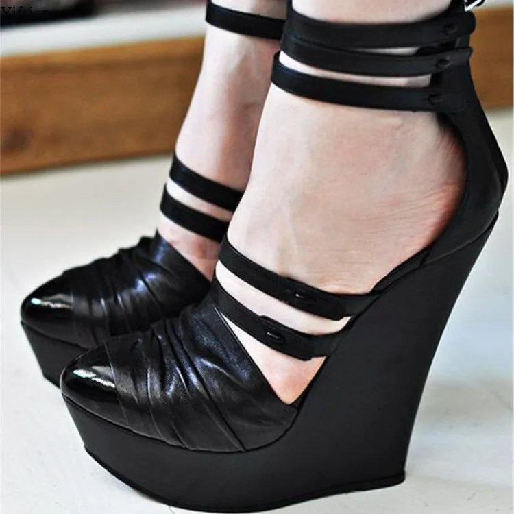 Rontic kobiety platforma plisowane sandały kliny szpilki sandały okrągłe palce Gorgeous Black Party Shoes Women USA Plus rozmiar 5-15