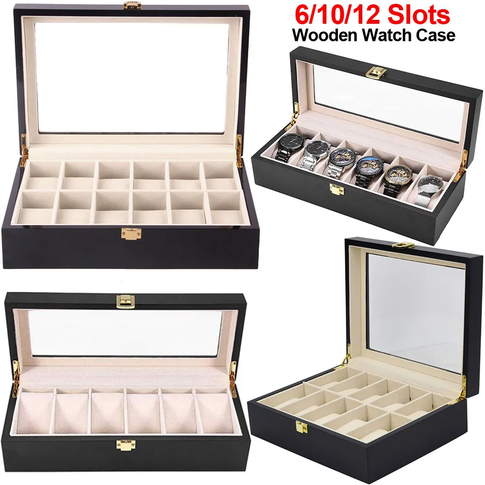 6/10/12 Slots Watch Box Svart trä smycken Organiser Watch Display Case Glass Top Armist Klockor Box Lyxhållare D40