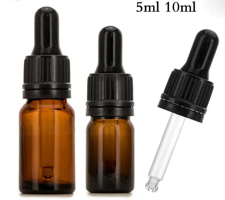 Amber Glass Dropper Flessen 5 ml 10 ml Dik Materiaal Lege Essentiële Olie Container met Black Deksels Glasdripper voor Sample Injection