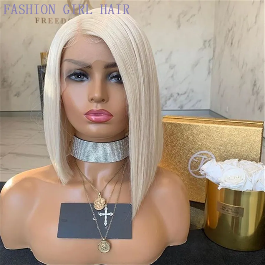 cabelo brasileiro Transparente loira rendas frente Wigs Liso Curto Bob frontal peruca de lado parte peruca sintética do laço resistente preplucked calor