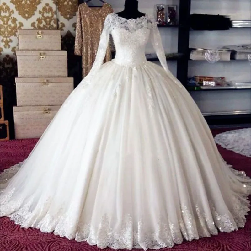 Biały Tulle Długie Rękawy Wedding Ball Suknie Puffy Princess Bride Maxi Sukienki w Petticoat Custom Made wysokiej jakości sukienka dla nowożeńców