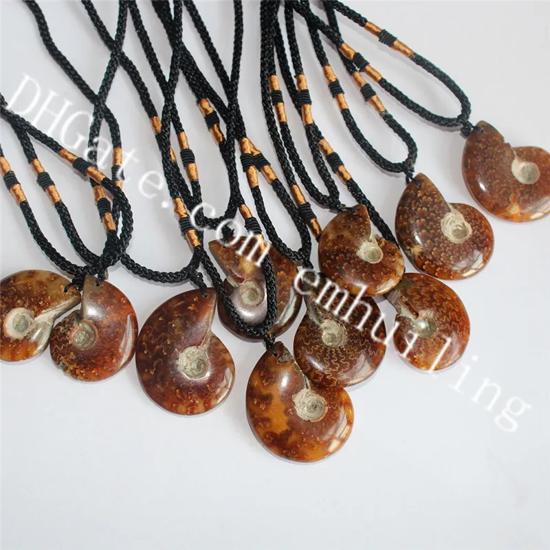 10Pcs Mens Genuine Ammonite Fossil Necklace Earthy Bown Natural Prehistoric Relic Seashell Snail Fern Talisman Pendant Necklace Science Gift
