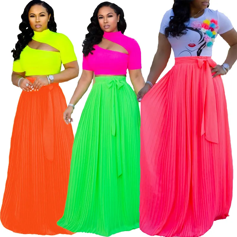 BKLD Fashion Neon Color High midja Chiffon kjolar för kvinnor 2019 Summer Bohemian Long PeTed Maxi kjol Green Orange Pink