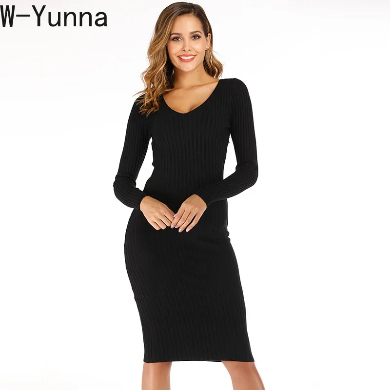 W-Yunna 2019 herfst winter nieuwe v-hals basic stijl slanke zwarte trui jurk vrouwelijke gebreide strakke knielengte lange jumper trui