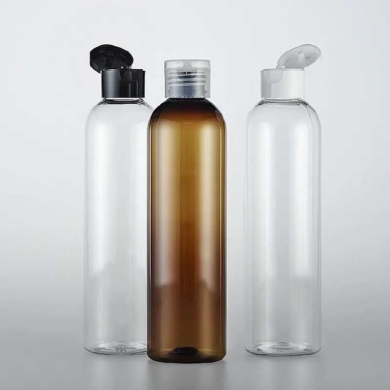 HOT(30pcs/lot)250ml transparent shampoo plastic travel bottles with flip top cap,refillable travel shampoo packaging PET bottles