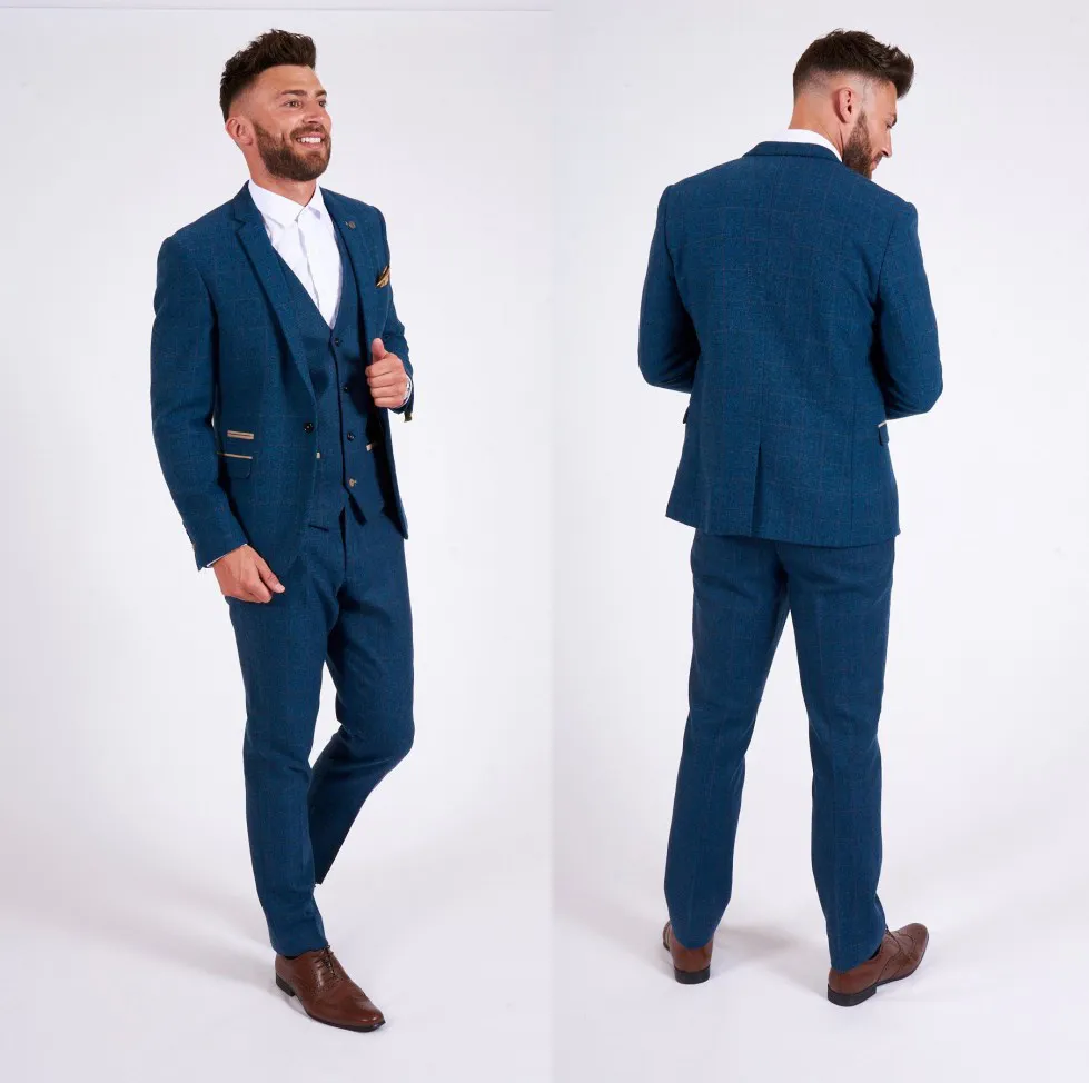 Mavi Damat Düğün Smokin Tüvit Çentikli Yaka Erkek Pantolon Takım Elbise Altın Cep 3 Parça Resmi Blazer Ceketler