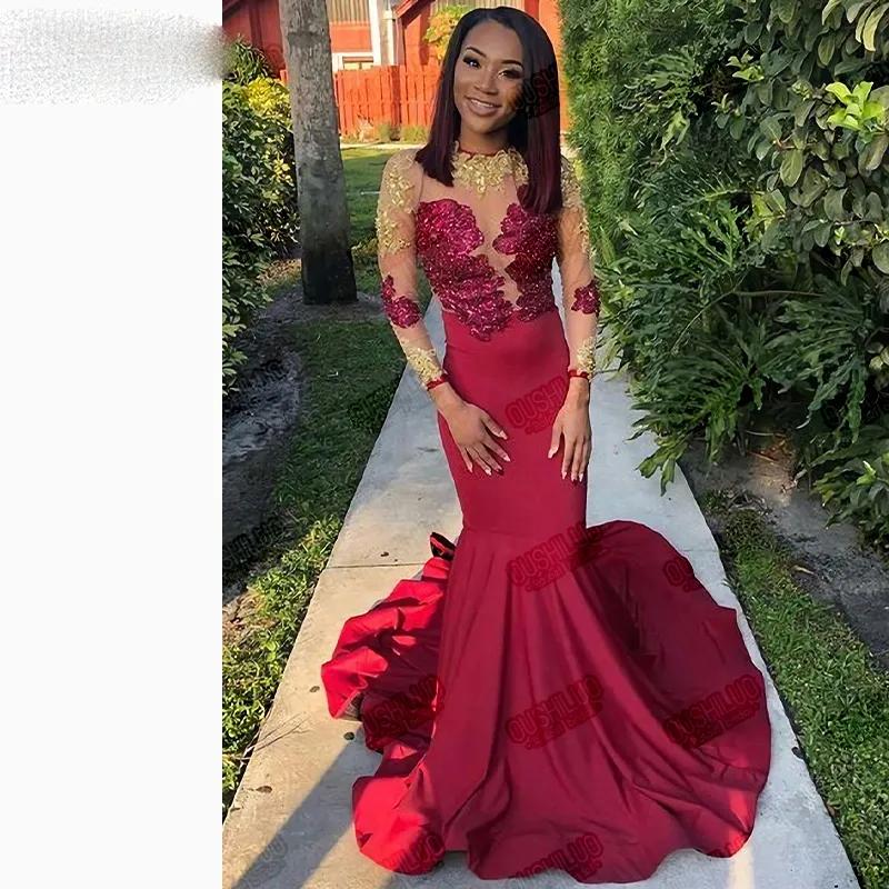 Robe de bal de forme sirene rouge manches longues Illusion avec Appliques col rond dos transparent queue de poisson robe de soiree traine de