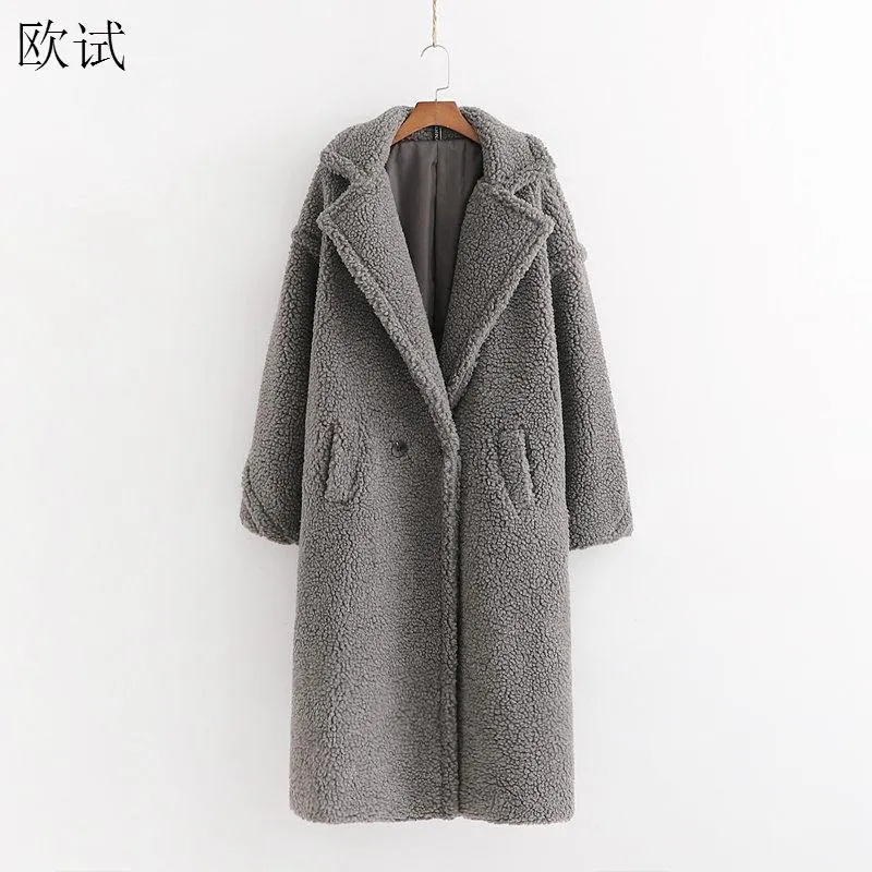 Plus Size Autumn Winter Faux Fur Teddy Bear Gray Long Coat Women Stylish Thick Warm Coats Cashmere Woman Fake Fourrure Jacket