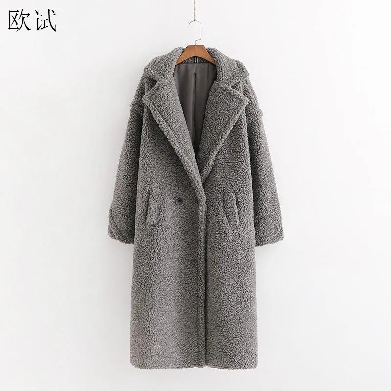 Grande taille automne hiver fausse fourrure ours en peluche gris Long manteau femmes élégant épais chaud manteaux cachemire femme fausse Fourrure veste