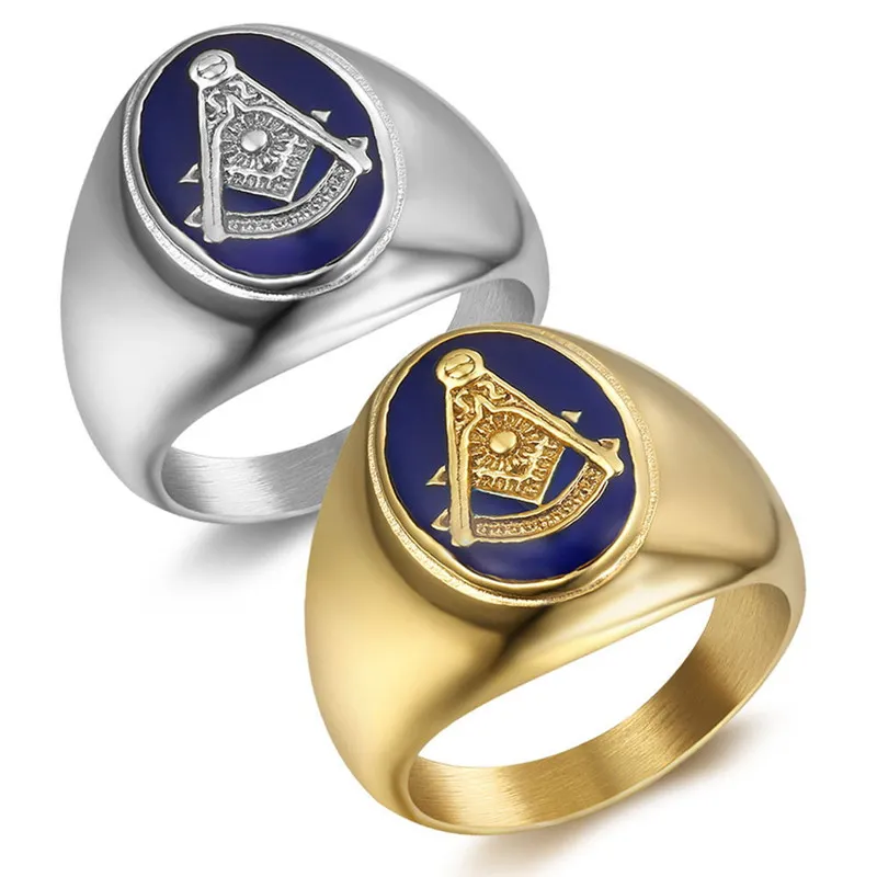 Roestvrij staal gratis vrijmetselaars vrijmetselaar verleden master signet ring newst uniek goud zilveren kompas vierkante zon gezicht blauwe lodg ring sieraden voor mannen