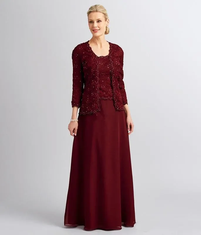 burgundy mother of the bride dress with jacket WEDTREND Women Burgundy Mother Of The Bride Dress With Slit Sheath Lace  Long Sleeves Mother Of The Bride Dress main image 0