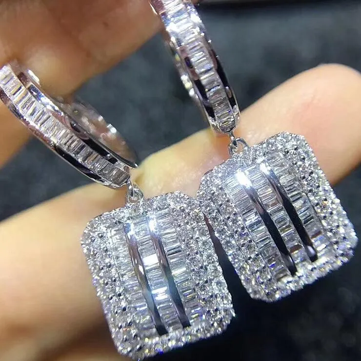 Nowa musująca luksusowa biżuteria nigdy nie znikną 925 Sterling Silver księżniczka Cut biały Topaz CZ diamentowe kamienie zwisają kolczyk kobiety klips