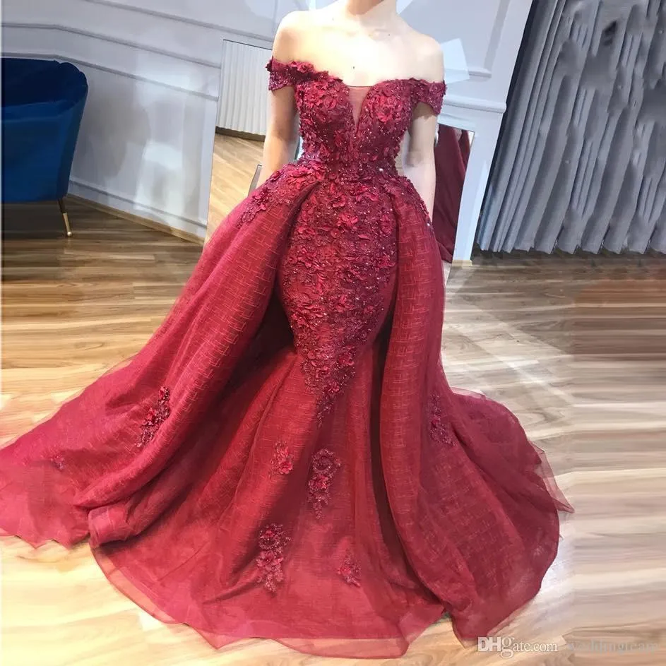 Red sereia Vestidos de noite com trem destacável fora do ombro Lace 3D Appliqued Prom vestidos de lantejoulas Bead Plus Size Formal vestido de festa