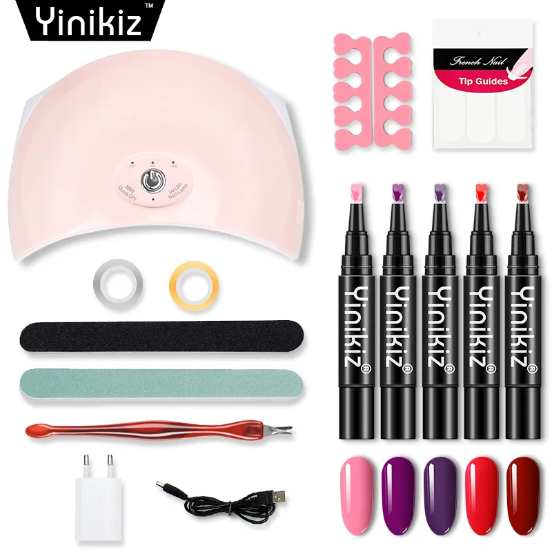 Yinikiz 15st/set Nail Polish Pen Nail Art Set 36W UV LED -lampa 5 Färger Ett steg Gelpolsk pennkit
