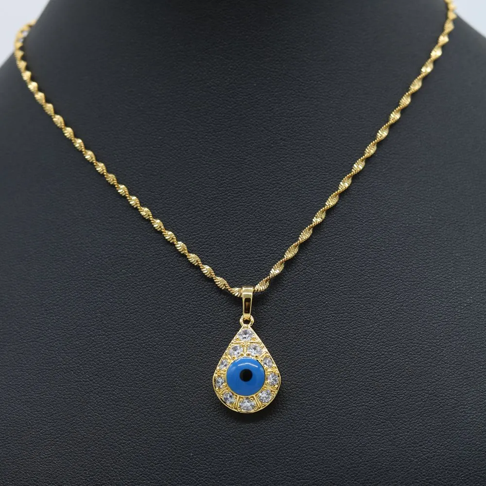 Pendentif oeil bleu maléfaisant avec chaîne d'onde 18K jaune en or jaune pleuvoir en pendentif Collier Cadeau