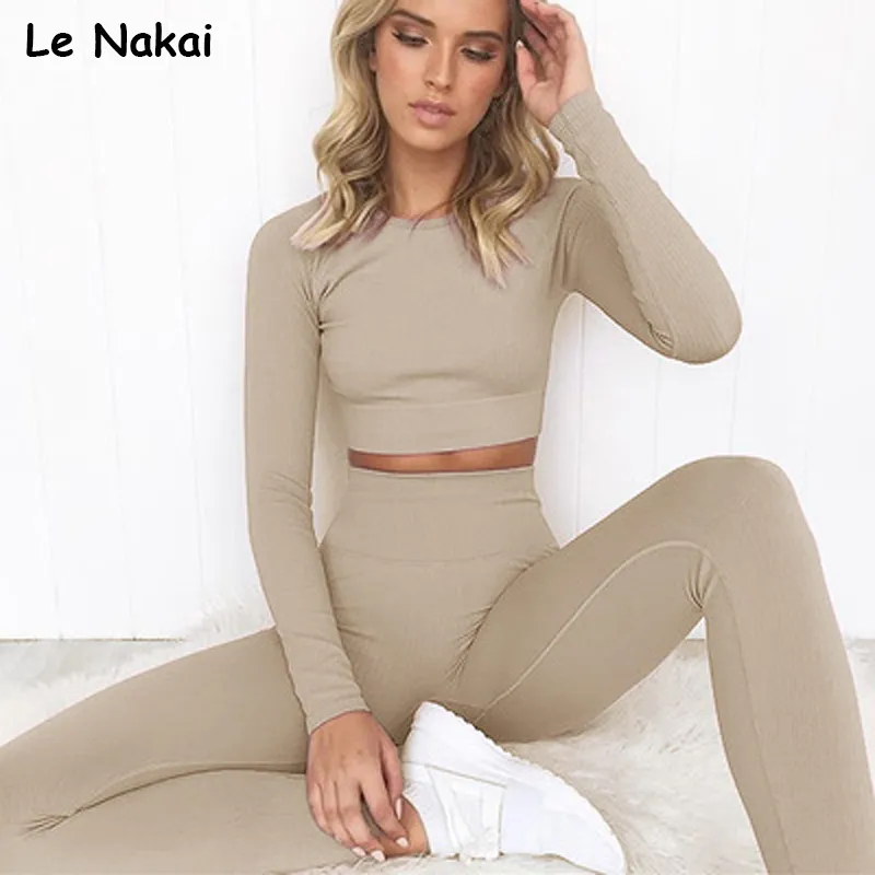 2 stks Geribbelde Naadloze Sportset voor Vrouwen Lange Mouwen Naadloze Yoga Top Workout Gym Pak Legging Sets Stretchy Gym kleding