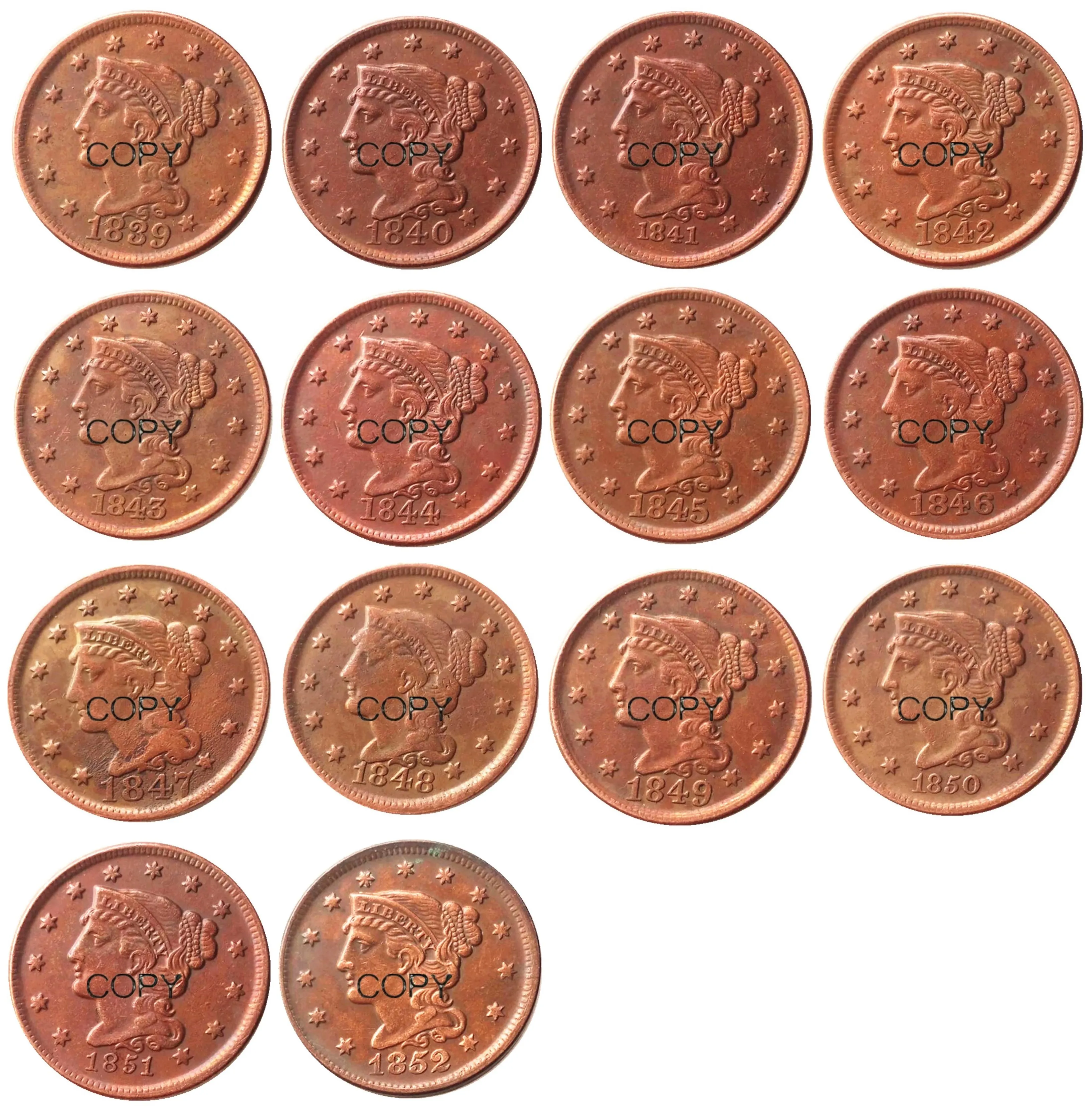 US Munten Volledige set (1839-1852) 14 stks Verschillende data voor gekozen Gevlochten Haar Grote Cents 100% Koperen Copy Coins