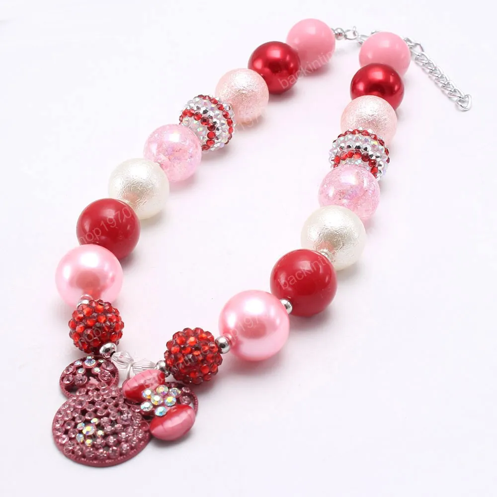 Collana con ciondolo a forma di cartone animato con strass di moda Collana con perline robuste di gomma da masticare per bambini rosa + rosso carino per gioielli per ragazze