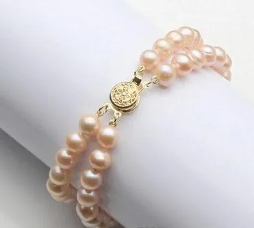 Handmade charming 2 rows pink 7-8mm genuine natural freshwater aquaculture pearl bracelet 20cm fashion jewelry