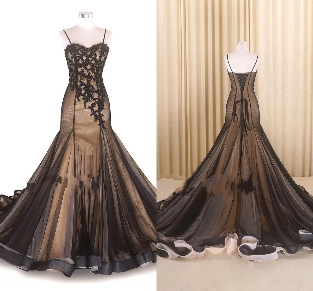 Schwarz-Champagner-Meerjungfrau-Brautkleid mit langer Schleppe, Spitze, Perlen, Spaghettiträger, Schatz-Schnürkleid für Hochzeitsgäste, Robes de Mari￩e