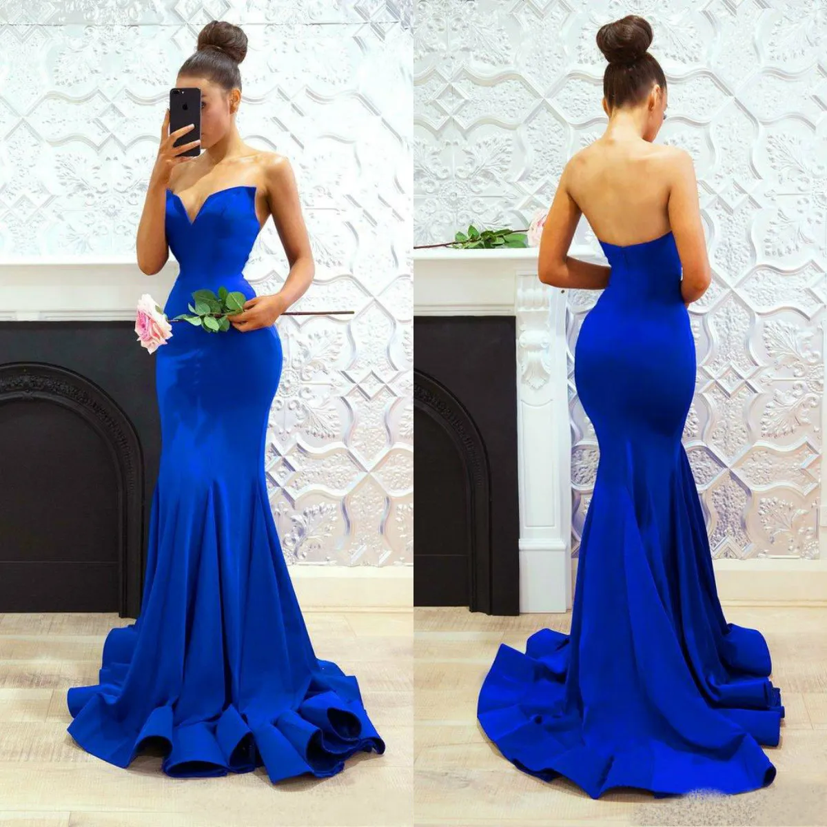 Royal Blue Cheap Prom Dresses Custom Made Sweetheart Ruffles Lange Bruidsmeisjekleding Sexy Backless Avondjurken