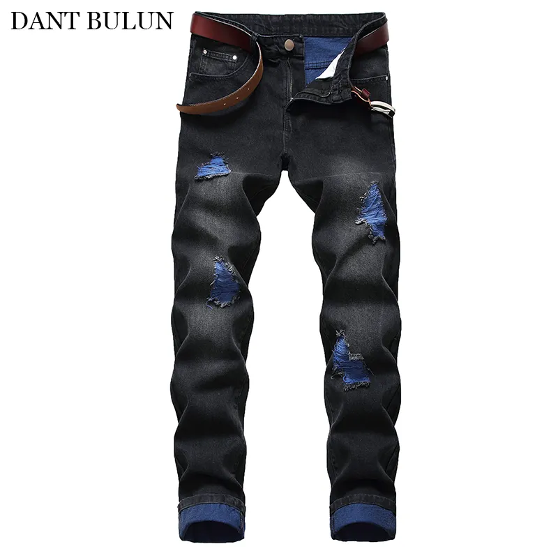 Denim Männer Jeans Hosen Gerade Gewaschen Mit Ripped Löcher Dünne Schwarze Hosen Slim Fit Jeans Männer Hosen Homme Pantalones heißer Verkauf