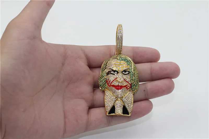 18K Gold Clown Joker Anh nger Halskette Iced Out Micro Paved