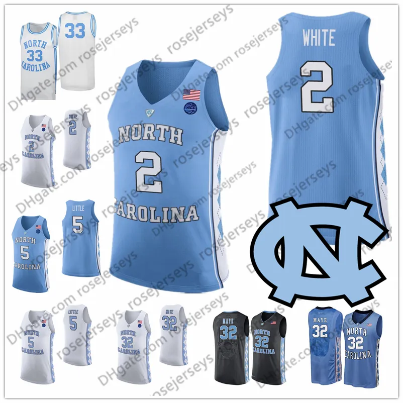 2020 North Carolina Tar Heels Basketball Azul Preto Branco 2 Coby 13 Cameron Johnson 32 Luke Maye 5 Nassir Little UNC Jerseys 4XL