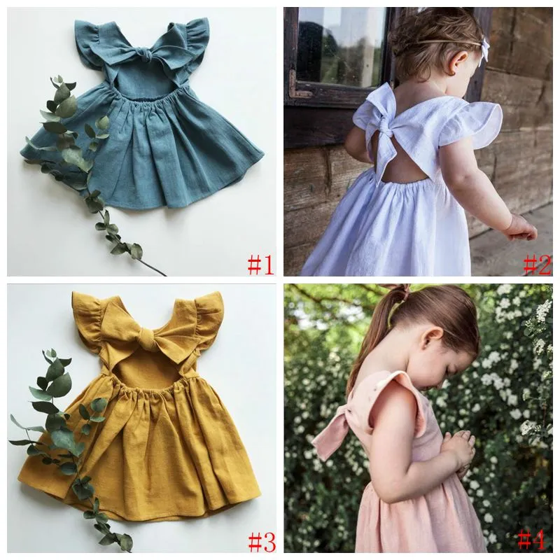 Ropa para niñas bebés Niños Volver Bouknot Vestidos de una línea Algodón Lino Volantes Vestido de princesa Verano Manga mosca Vestido de fiesta Vestido de tutú PY556