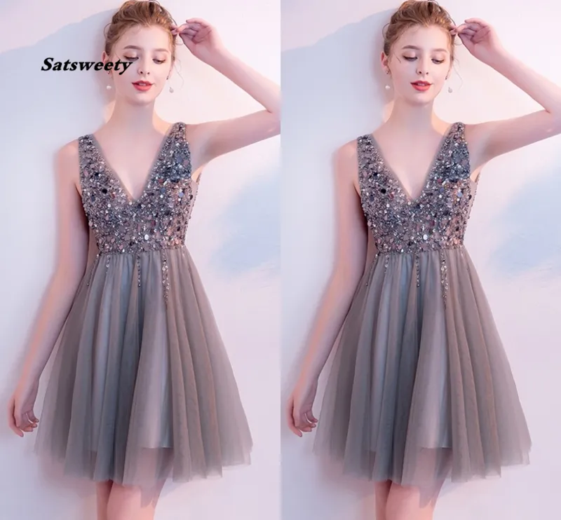 V Neck Sparkly Short Prom Dresses Backless Evening Party Elegant Sexy Dress Vestido de Festa