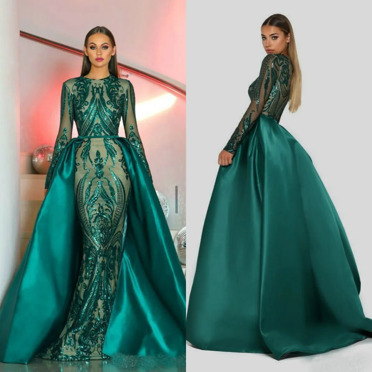 Hunter Green Mermaid Prom Klänningar med avtagbar tåg Illusion Långärmad Lace Applique Sequined Evening Gowns Plus Size Sexy Party Dress