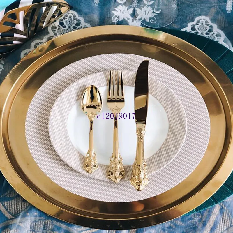 Posate da pranzo, coltelli, forchette, cucchiaini da tè, posate placcate in oro occidentale vintage, set di stoviglie con incisione di lusso dorato