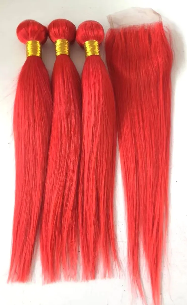 Brazilian Human Virgin Hair Weft Red color Weaves Double Drawn 3 Bundles with closure for full head