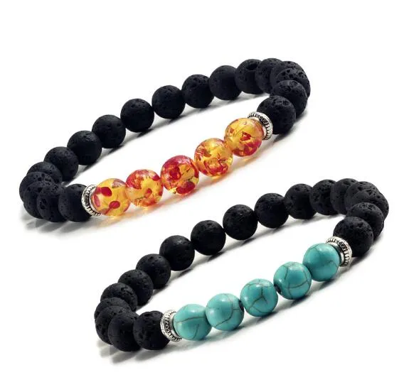 Pulseras de piedra volcánica natural Charm Mujeres Chakra Balance Beads Hombres Black Lava Turquoises Strand Bangle