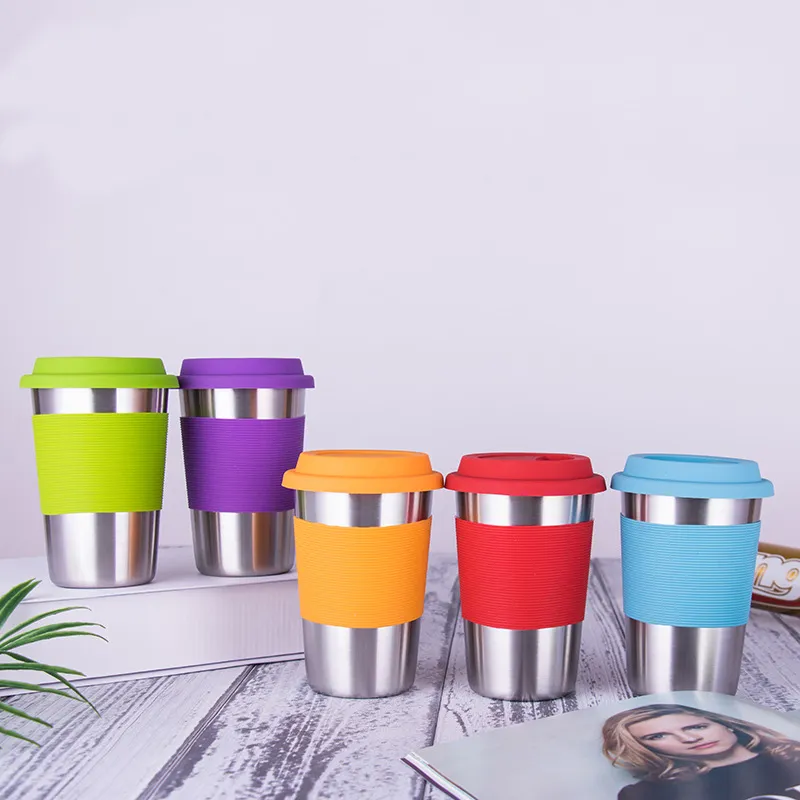 500ml Stainless Steel Coffee Mug Single Layer Beer Cup with Non - slip Sleeve Outdoor Travel Mug With Food Grade Silicone lids