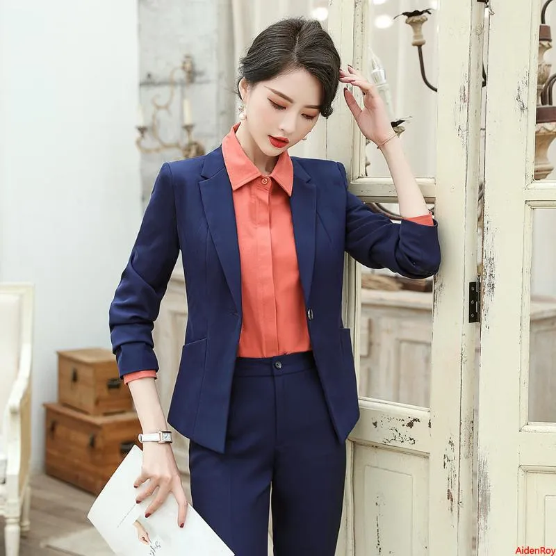 2018 New Styles Uniform Designs Formal Professional Black Navy Blue Women  Pantsuits With Jackets And Pants For Ladies Office Business Pants Suits  Female Trouser…