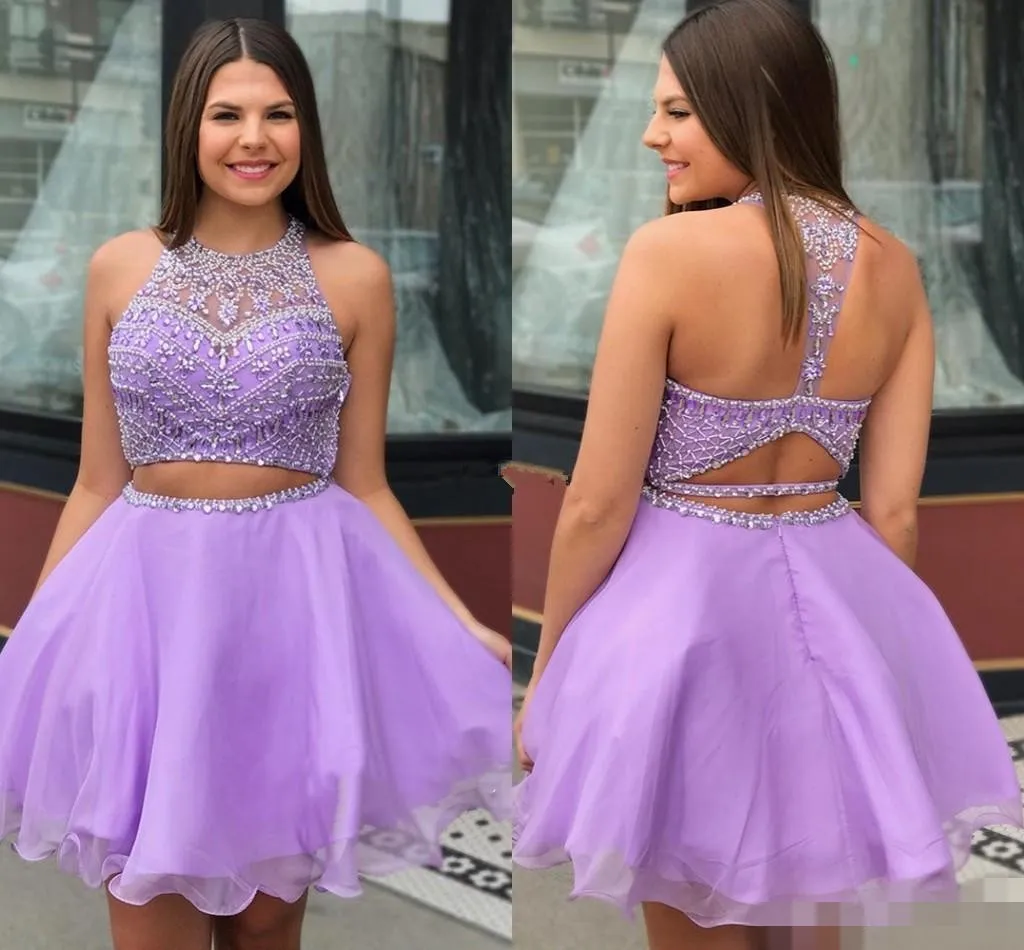 Homecoming Cute Lavender Dresses a due pezzi gioiello in rilievo una linea di abiti da festa cavi su misura.