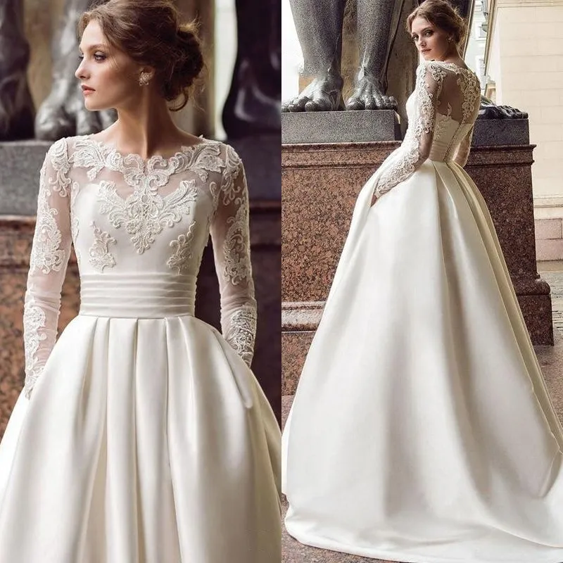 2024 Long Sleeve A Line Wedding Dress with Lace Applique Bodice Satin Skirt Ivory Champagne or White