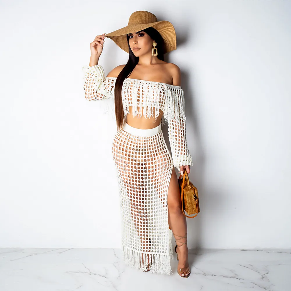 ANJAMANOR Summer Set Women Crochet Tassel Crop Top Maxi Skirt Plus Size Sexy Clothing Boho Beach Outfit 2019 D43 AF33 T200623 2 021 DHgate