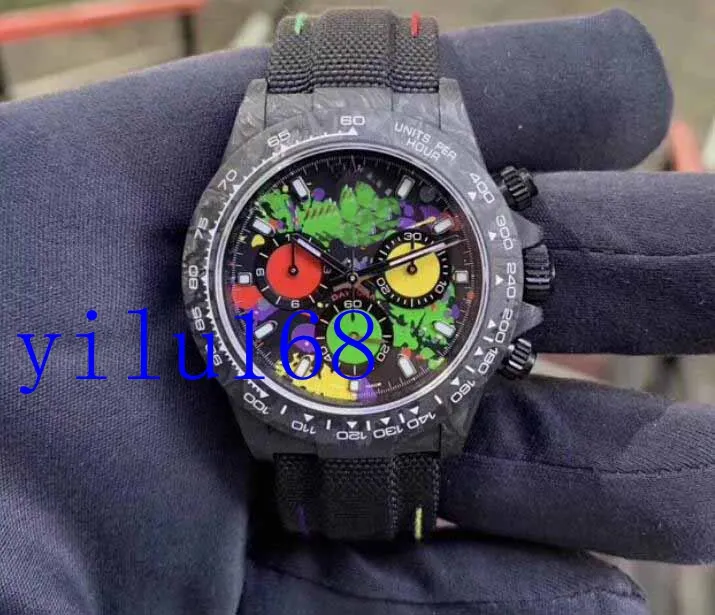 Męskie Gorące Sprzedawanie Najlepsze DIW Black Carbon Special Colored Dial WWF ETA 7750 Pełna kuta węglowego Bezel Chronograph Ruch Automatyczny zegarek 40mm