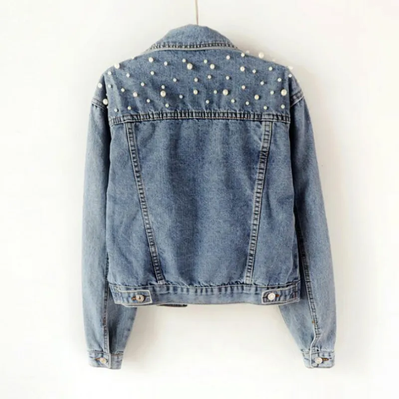 Fashion-Boyfriend Jeans Jacka Kvinnor Pärlor Stora Denim Jackor Vintage Långärmad Casual Coat Ladies Single Breasted Bomber Jacka