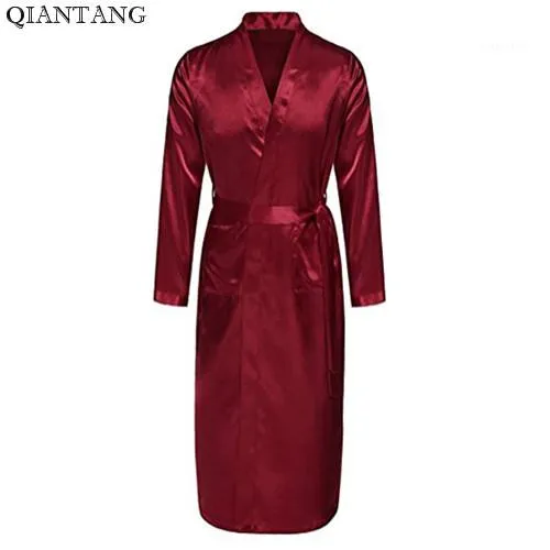 Burgundy Mens Robe Hot Sale Faux Silk Kimono Badklänning Badrock Nightgown Sleepwear Hombre Pijama Storlek S M L XL XXL ZHM0551