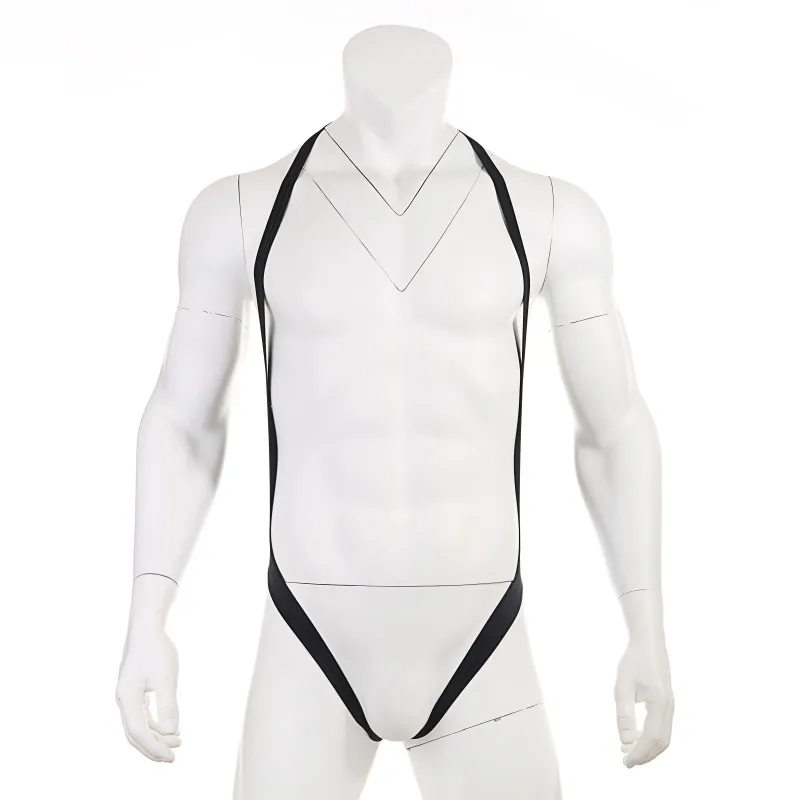 Gay Men's Sexy Open BubodySuit Underkläder Leotard Hollow Out Strap Jumpsuit Mankini Halter Wrestling Exotisk Underkläder Kostym