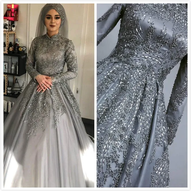 arabo aso ebi musulmano lussuoso grigio abiti da sposa in pizzo con perline abiti da sposa maniche lunghe abiti da sposa zj355