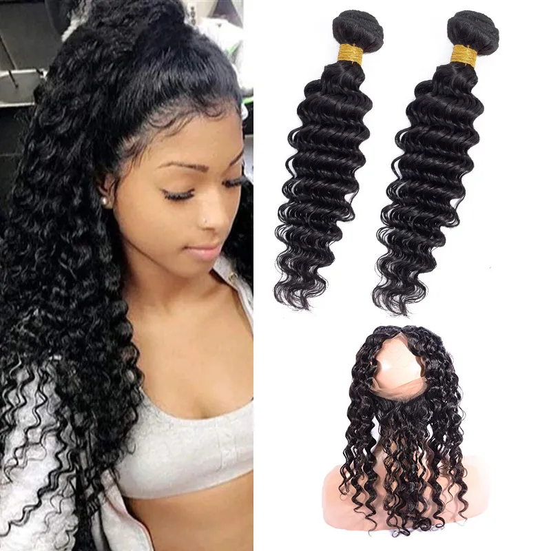 Brazilian 100% Human Hair Extensions 8-30inch Deep Wave Bundles With 360 Lace Frontal Pre Plucked With Baby Hairs Wefts With 360 Frontals