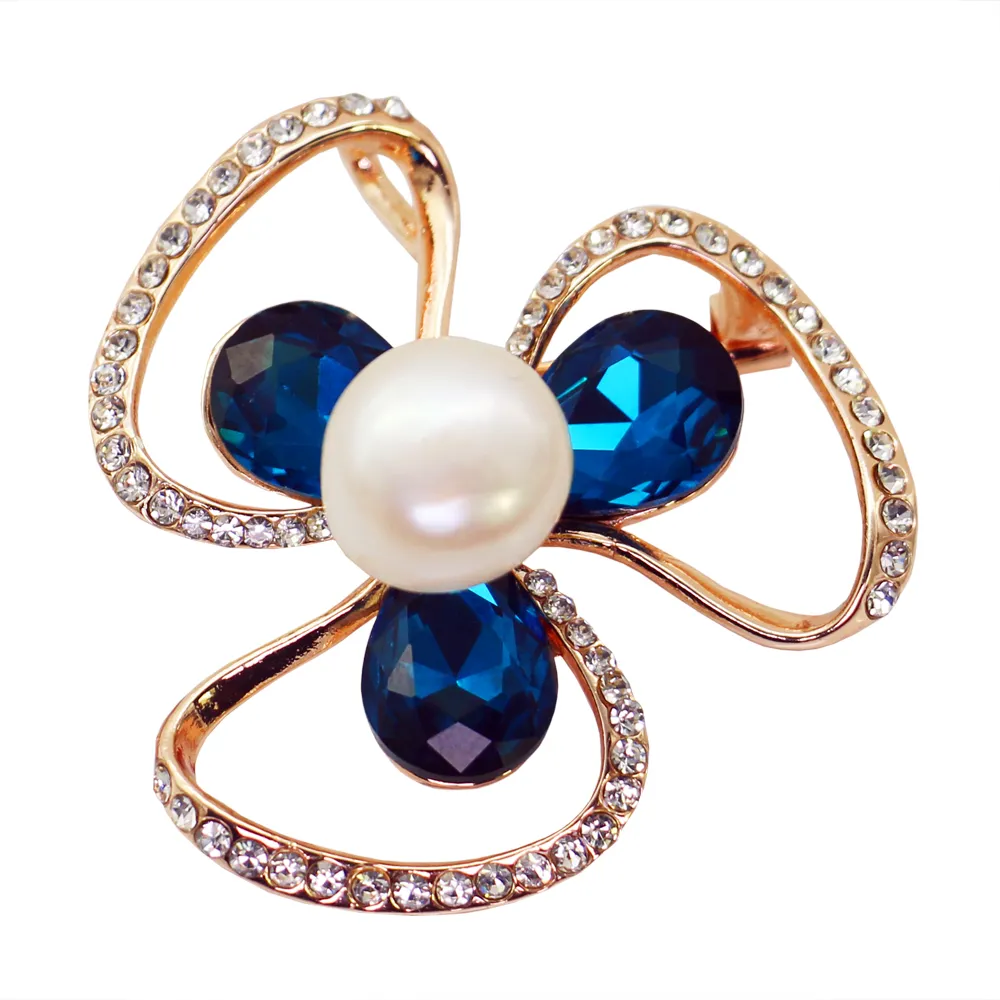 Fashion alloy three-leaf flower brooch freshwater pearl diamond brooch female charm jewelry