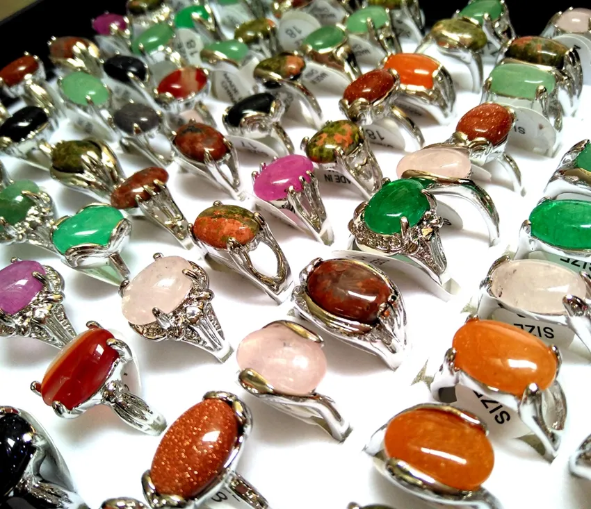 Wholesale 50pcs Top Mix Colorful NATURAL STONE rings Women Ladies Crystal Charm Elegant Ring Fashion Rhinestone Ring Xmas Jewelry