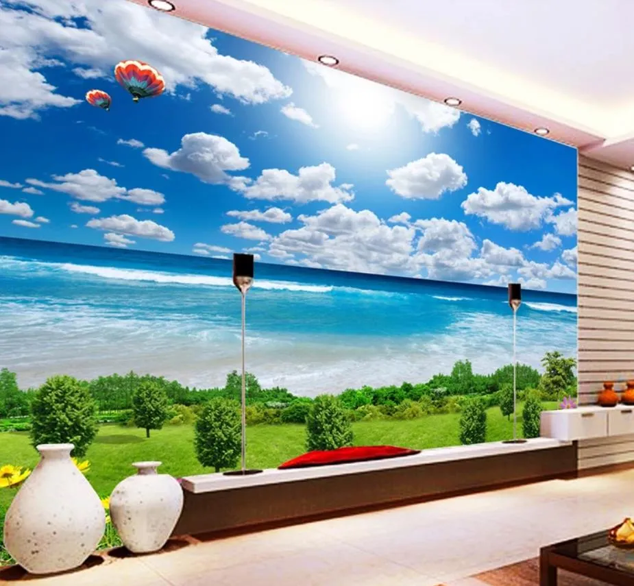 Fenster-Wandbild-Tapete, 3D-Wandbild-Tapete für Wohnzimmer, blauer Himmel, idyllische Landschaft, Hintergrundwand